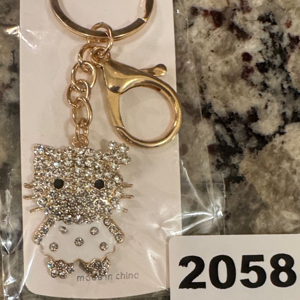 2058 Gold Tone Hello Kitty White Dress Key Ring Bag Charm